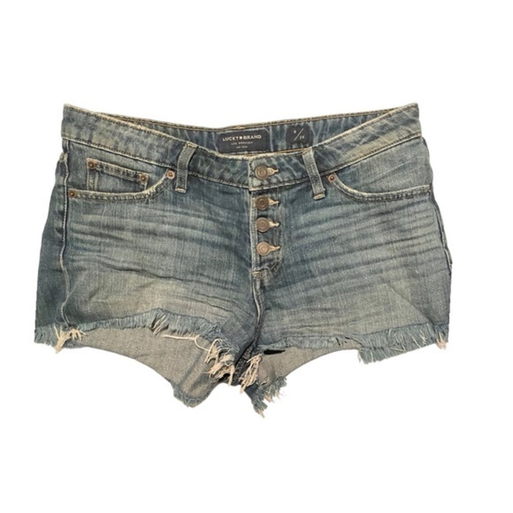 Lucky Brand  Cut Off Jean Shorts. Button Fly, Tattered, Whisker Front . Size 8